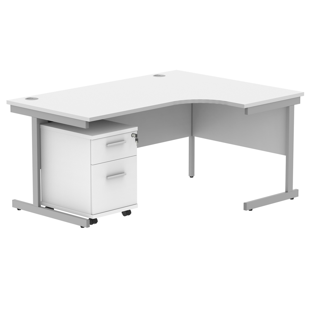 Single Upright Right Hand Radial Desk + 2 Drawer Mobile Under Desk Pedestal (FSC) | 1600 X 1200 | Arctic White/Silver