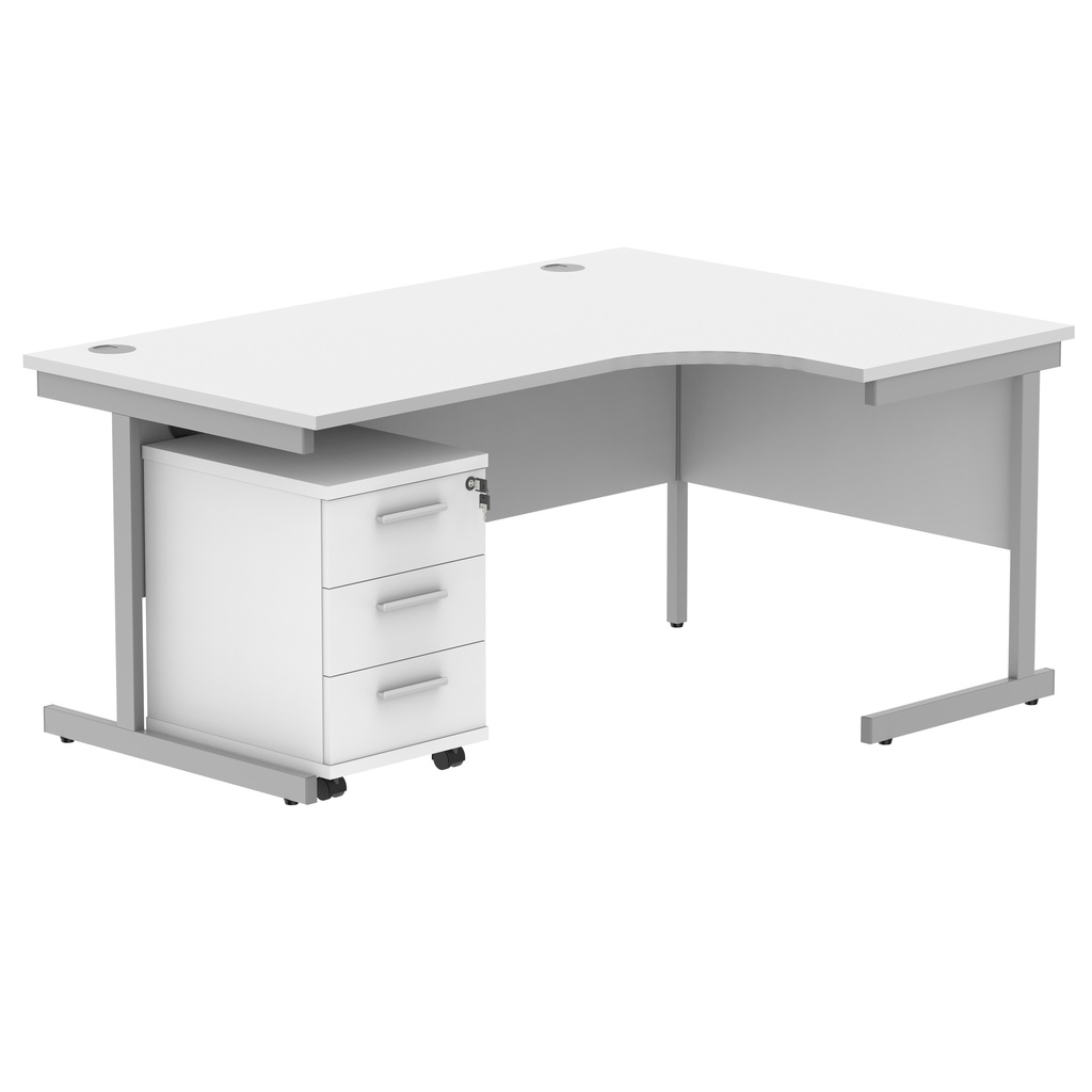 Single Upright Right Hand Radial Desk + 3 Drawer Mobile Under Desk Pedestal (FSC) | 1600 X 1200 | Arctic White/Silver