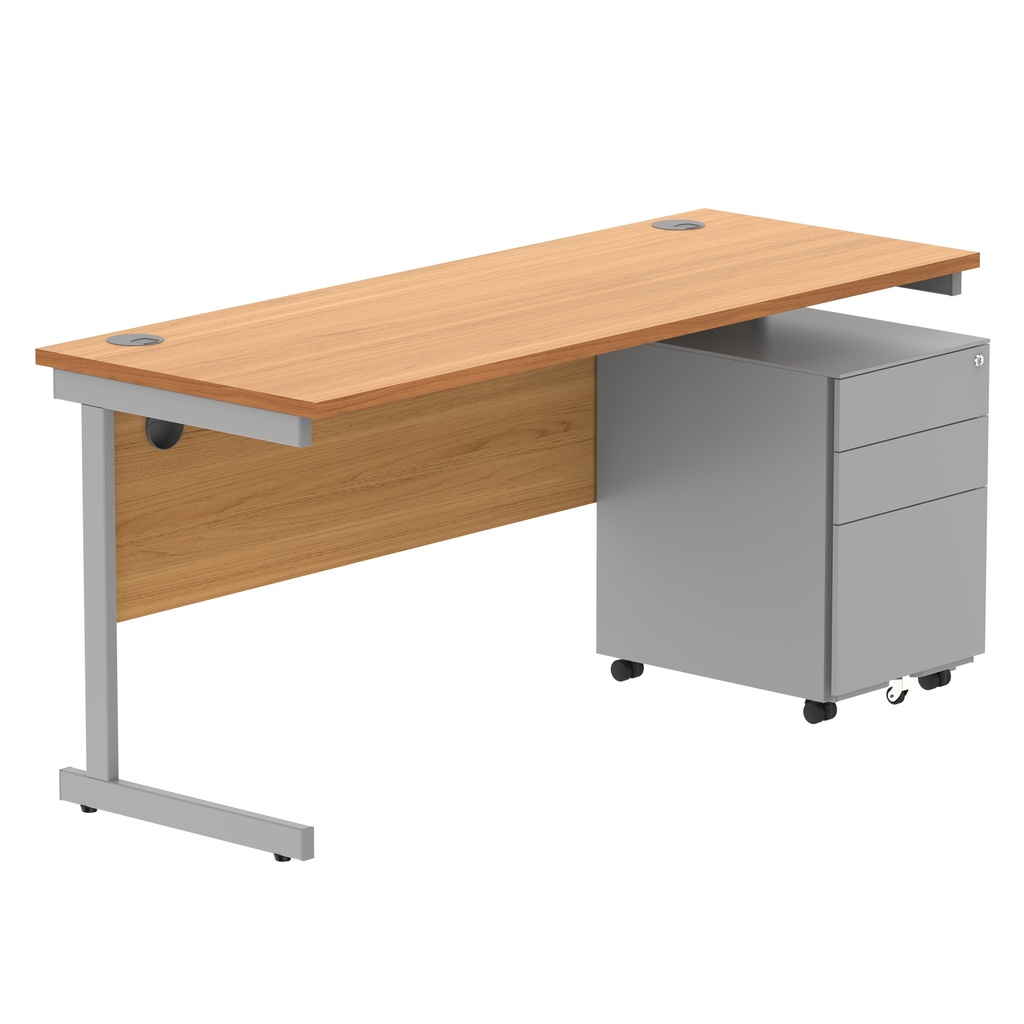 CORE Single Upright Rectangular Desk + Under Desk Steel Pedestal 3 Drawers (FSC) | 1600 X 600 | Norwegian Beech/Silver