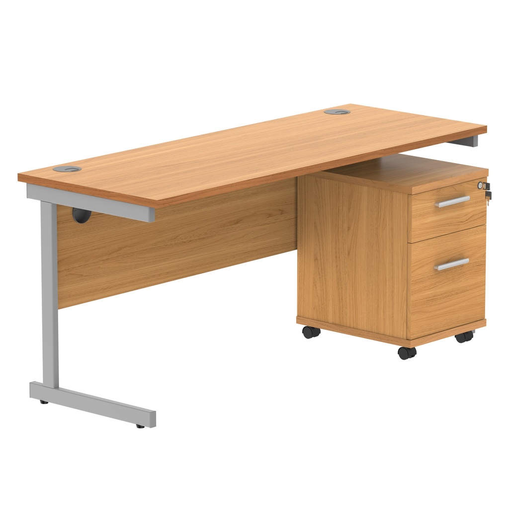 Single Upright Rectangular Desk + 2 Drawer Mobile Under Desk Pedestal (FSC) | 1600 X 600 | Norwegian Beech/Silver
