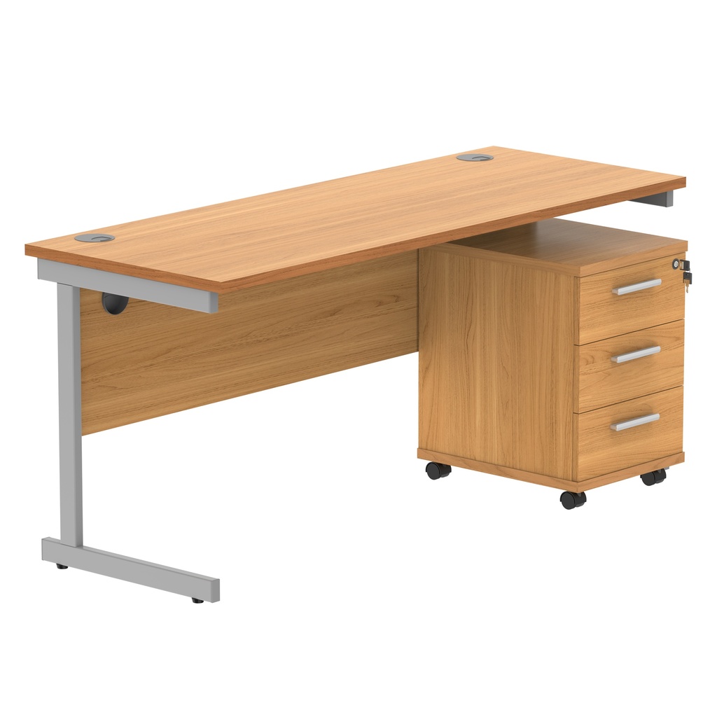 Single Upright Rectangular Desk + 3 Drawer Mobile Under Desk Pedestal (FSC) | 1600 X 600 | Norwegian Beech/Silver
