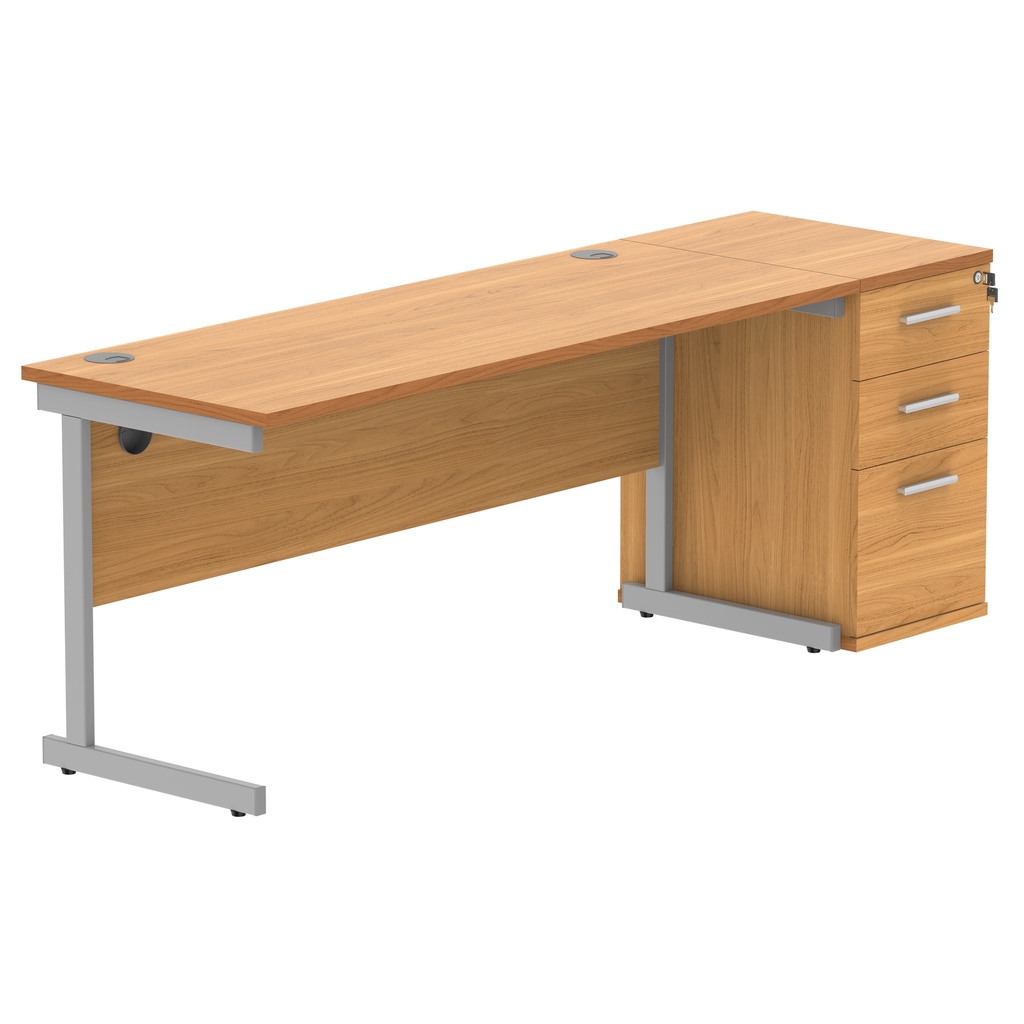 Single Upright Rectangular Desk + Desk High Pedestal (FSC) | 1600 X 600 | Norwegian Beech/Silver