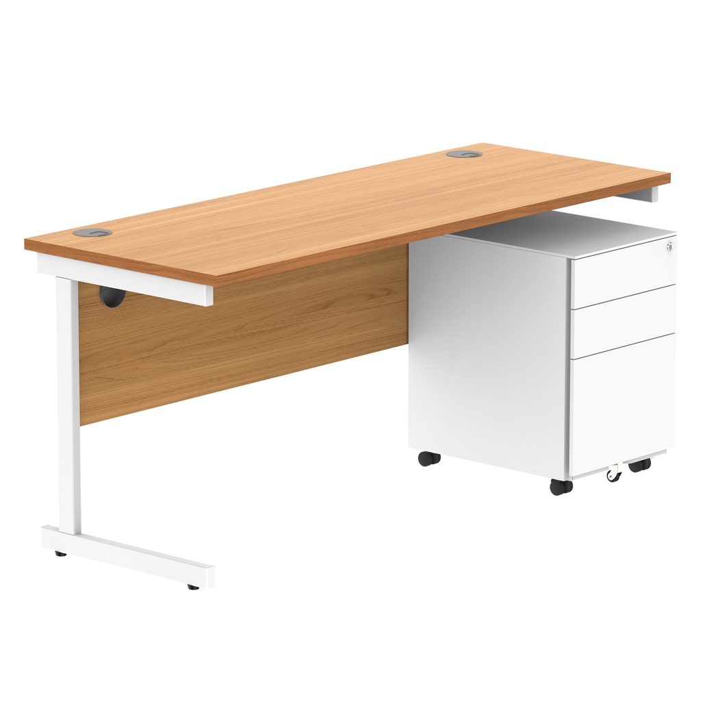CORE Single Upright Rectangular Desk + Under Desk Steel Pedestal 3 Drawers (FSC) | 1600 X 600 | Norwegian Beech/White