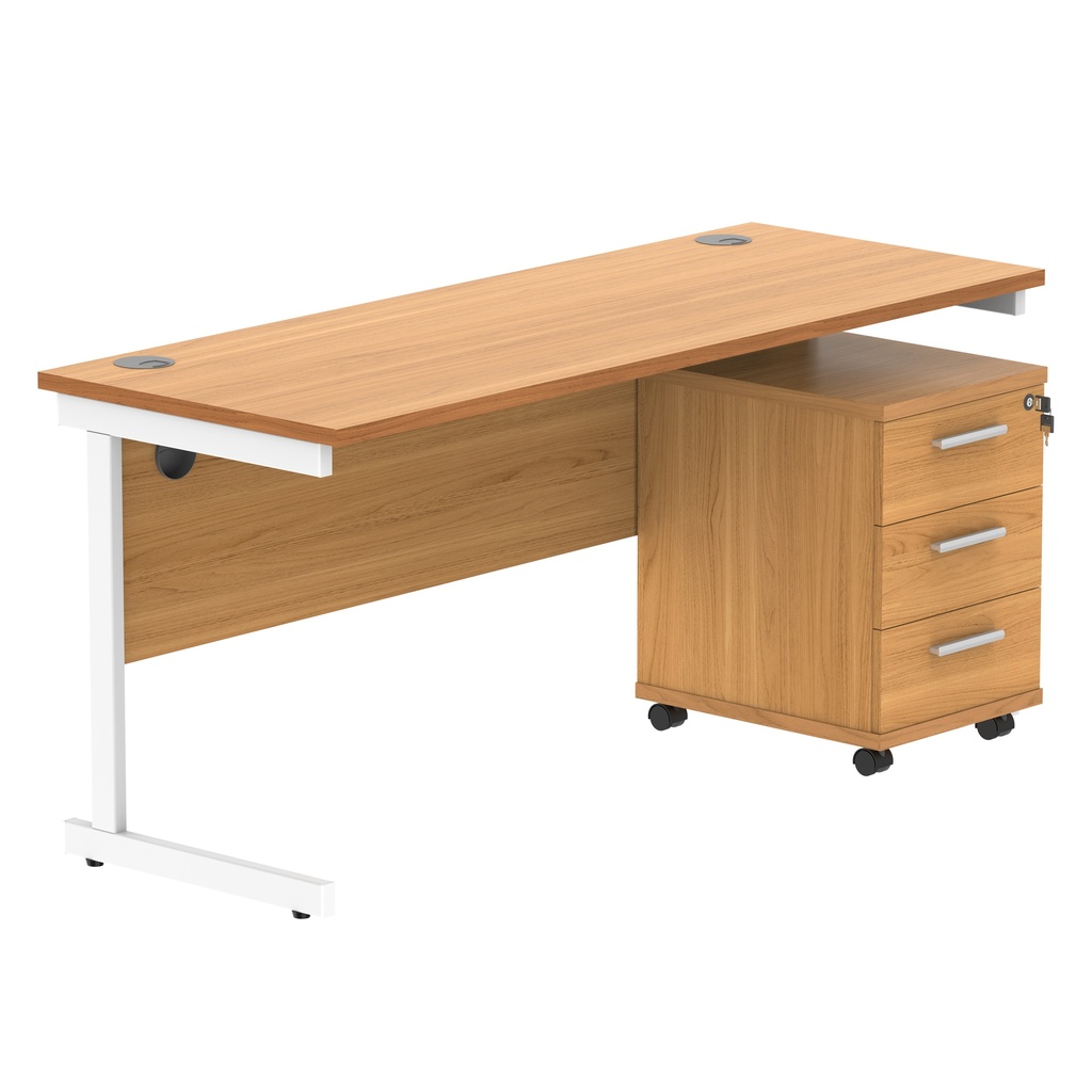 Single Upright Rectangular Desk + 3 Drawer Mobile Under Desk Pedestal (FSC) | 1600 X 600 | Norwegian Beech/White