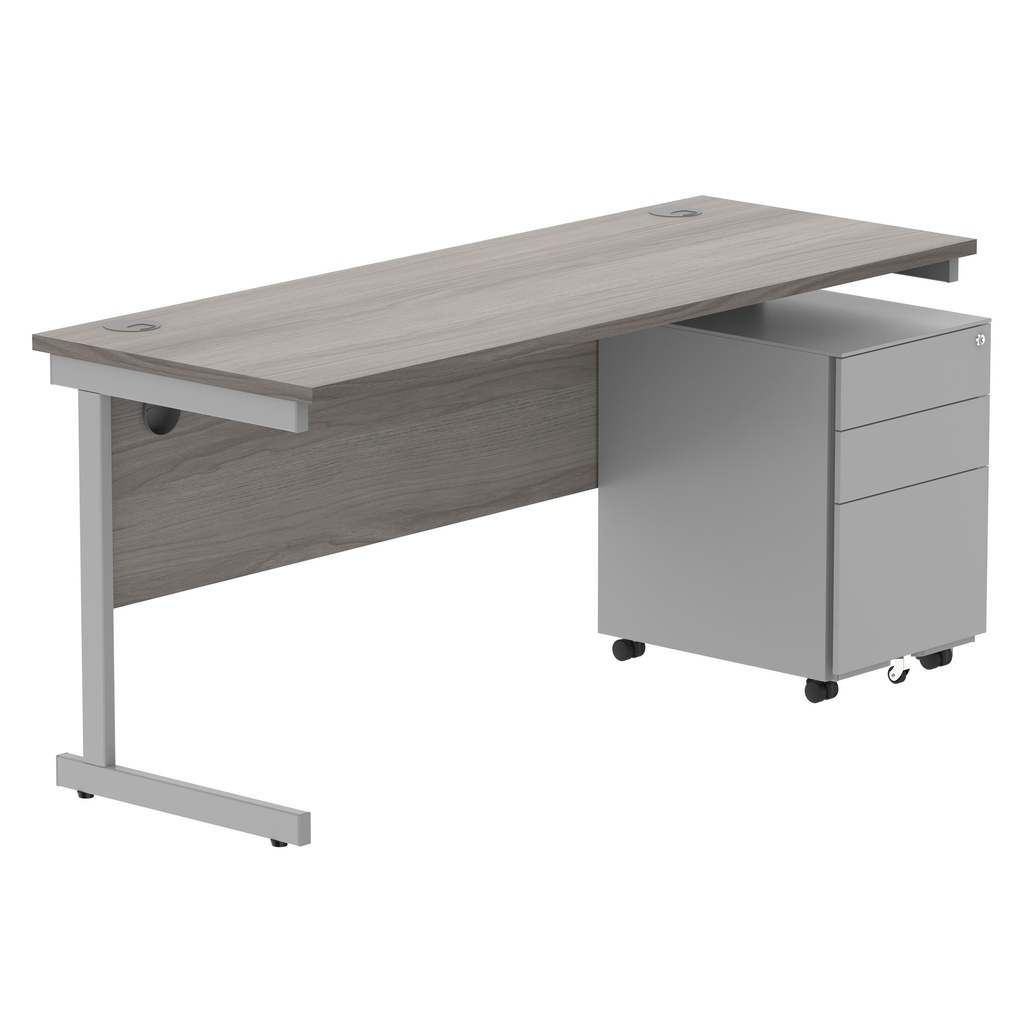 CORE Single Upright Rectangular Desk + Under Desk Steel Pedestal 3 Drawers (FSC) | 1600 X 600 | Alaskan Grey Oak/Silver