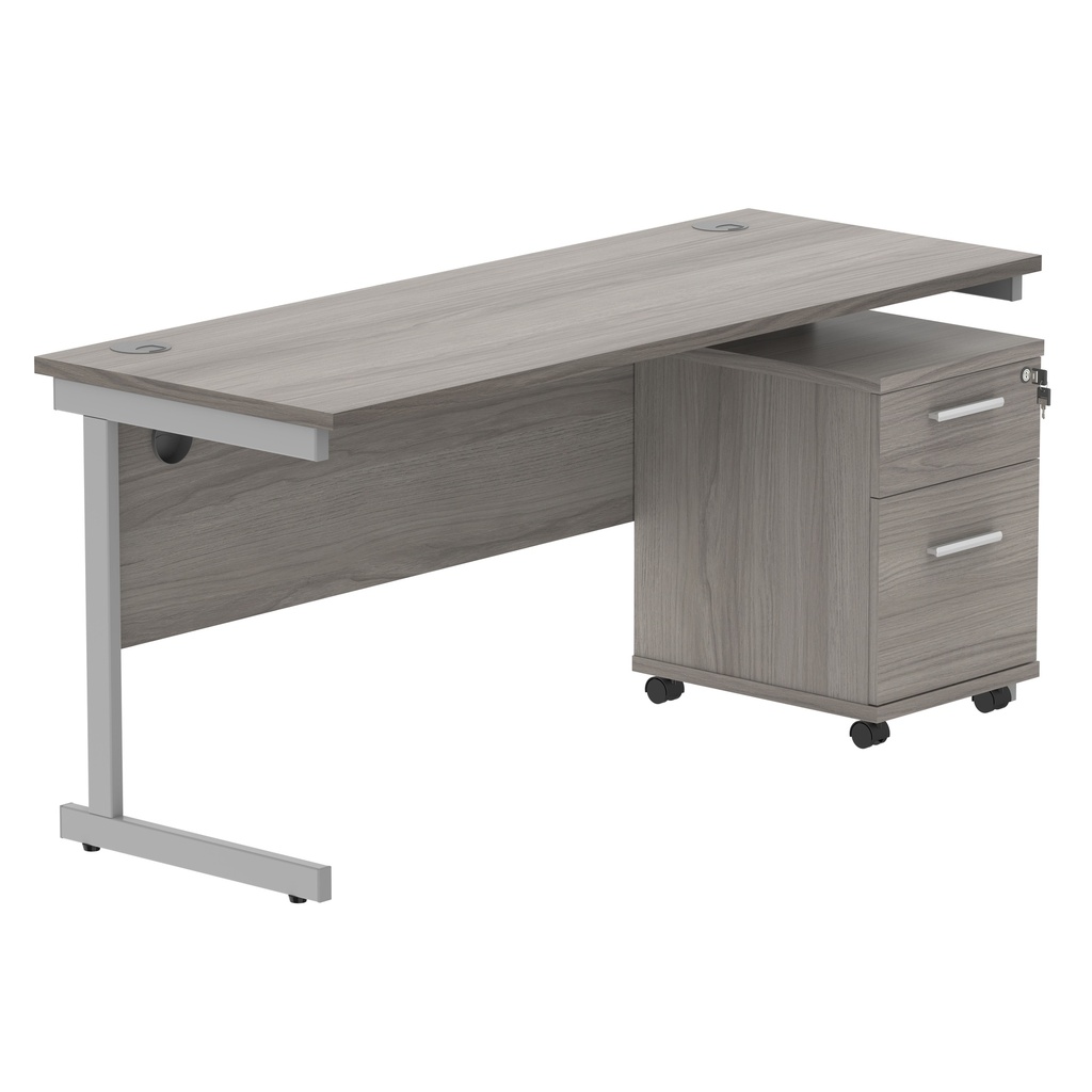 Single Upright Rectangular Desk + 2 Drawer Mobile Under Desk Pedestal (FSC) | 1600 X 600 | Alaskan Grey Oak/Silver
