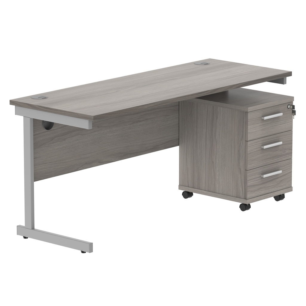 Single Upright Rectangular Desk + 3 Drawer Mobile Under Desk Pedestal (FSC) | 1600 X 600 | Alaskan Grey Oak/Silver