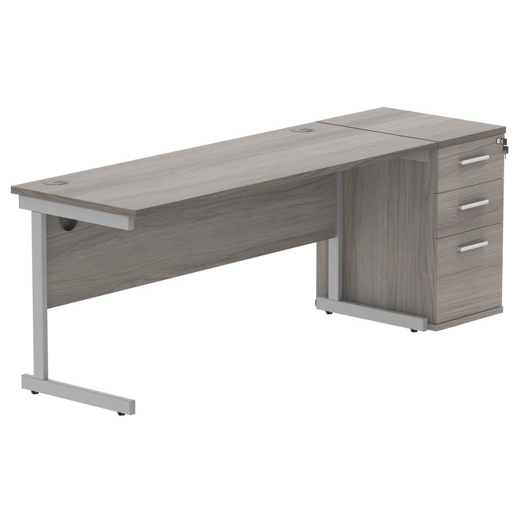 Single Upright Rectangular Desk + Desk High Pedestal (FSC) | 1600 X 600 | Alaskan Grey Oak/Silver