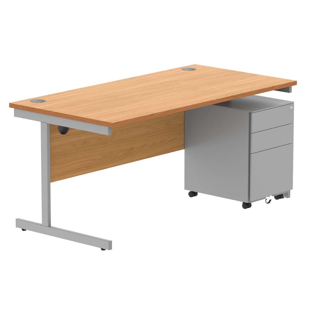 CORE Single Upright Rectangular Desk + Under Desk Steel Pedestal 3 Drawers (FSC) | 1600 X 800 | Norwegian Beech/Silver