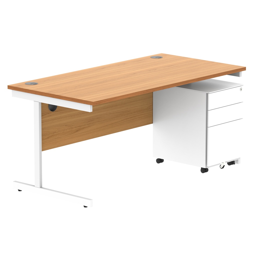 CORE Single Upright Rectangular Desk + Under Desk Steel Pedestal 3 Drawers (FSC) | 1600 X 800 | Norwegian Beech/White