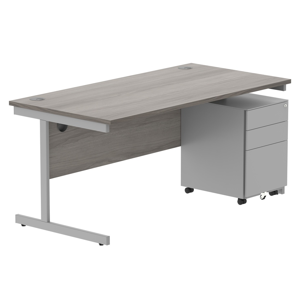 CORE Single Upright Rectangular Desk + Under Desk Steel Pedestal 3 Drawers (FSC) | 1600 X 800 | Alaskan Grey Oak/Silver