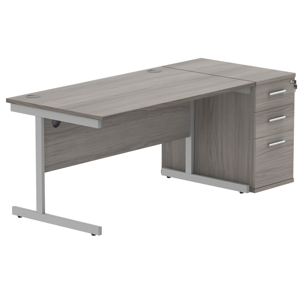 Single Upright Rectangular Desk + Desk High Pedestal (FSC) | 1600 X 800 | Alaskan Grey Oak/Silver