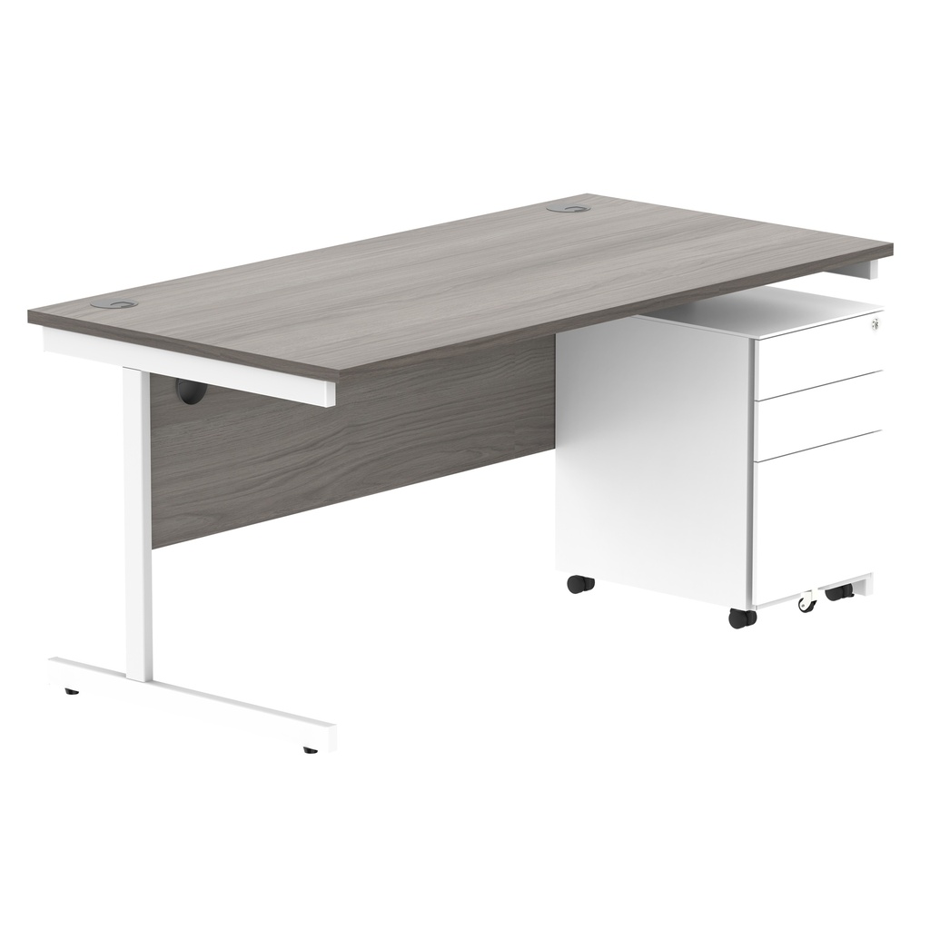 CORE Single Upright Rectangular Desk + Under Desk Steel Pedestal 3 Drawers (FSC) | 1600 X 800 | Alaskan Grey Oak/White