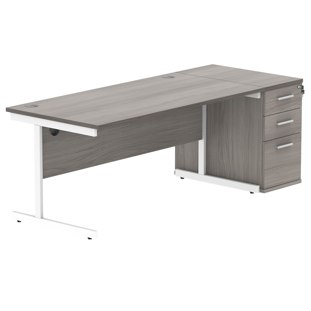 Single Upright Rectangular Desk + Desk High Pedestal (FSC) | 1600 X 800 | Alaskan Grey Oak/White