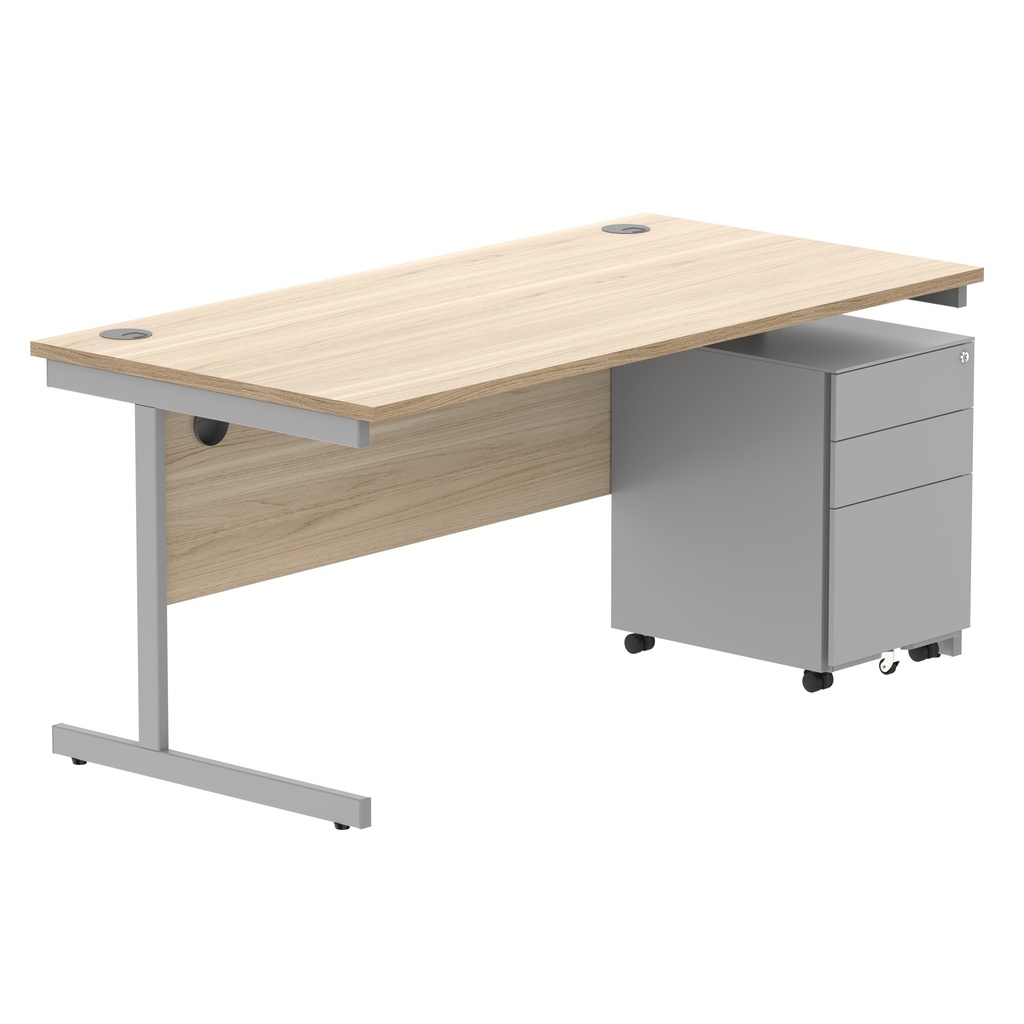 CORE Single Upright Rectangular Desk + Under Desk Steel Pedestal 3 Drawers (FSC) | 1600 X 800 | Canadian Oak/Silver