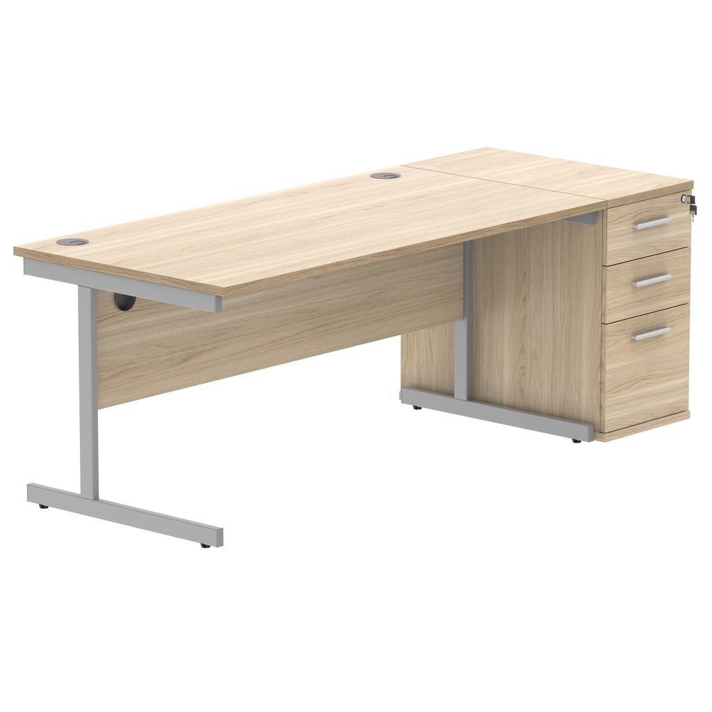 Single Upright Rectangular Desk + Desk High Pedestal (FSC) | 1600 X 800 | Canadian Oak/Silver