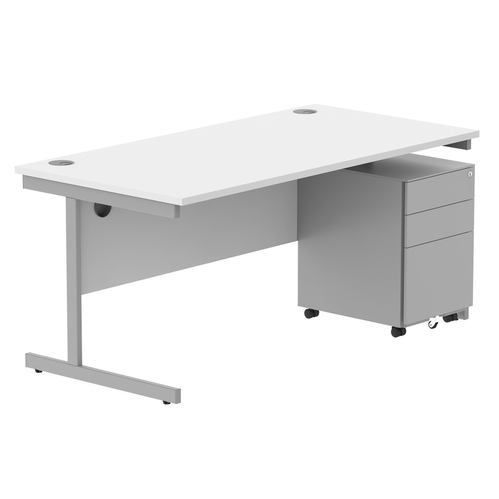 CORE Single Upright Rectangular Desk + Under Desk Steel Pedestal 3 Drawers (FSC) | 1600 X 800 | Arctic White/Silver