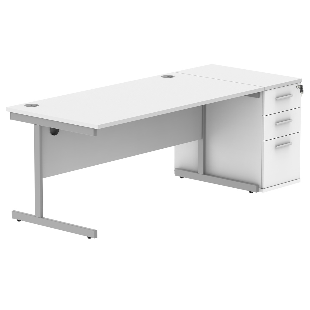 Single Upright Rectangular Desk + Desk High Pedestal (FSC) | 1600 X 800 | Arctic White/Silver