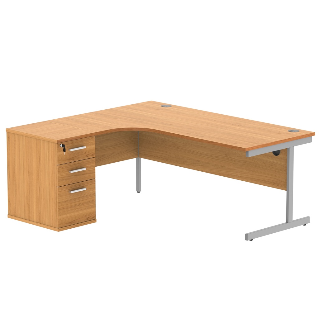 Single Upright Left Hand Radial Desk + Desk High Pedestal (FSC) | 600mm Deep Pedestal | 1800 X 1200 | Norwegian Beech/Silver