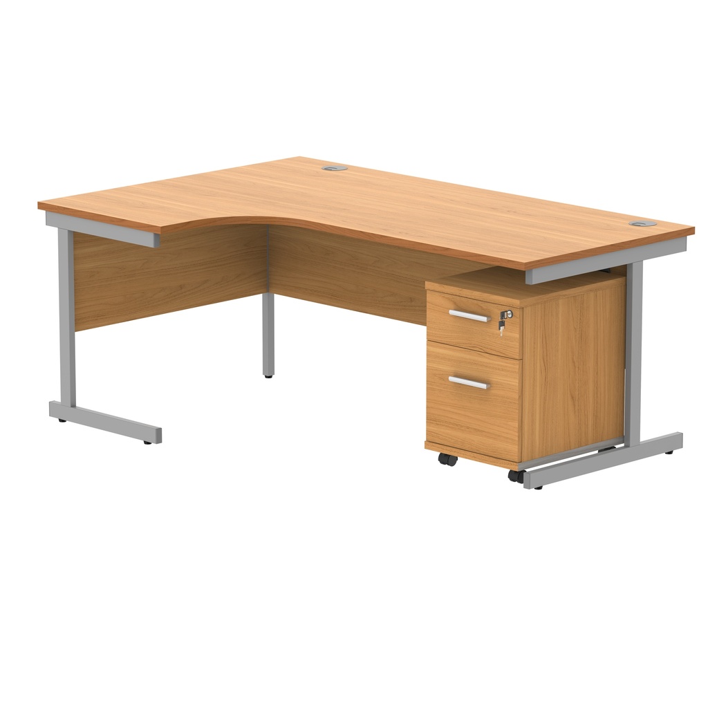 Single Upright Left Hand Radial Desk + 2 Drawer Mobile Under Desk Pedestal (FSC) | 1800 X 1200 | Norwegian Beech/Silver