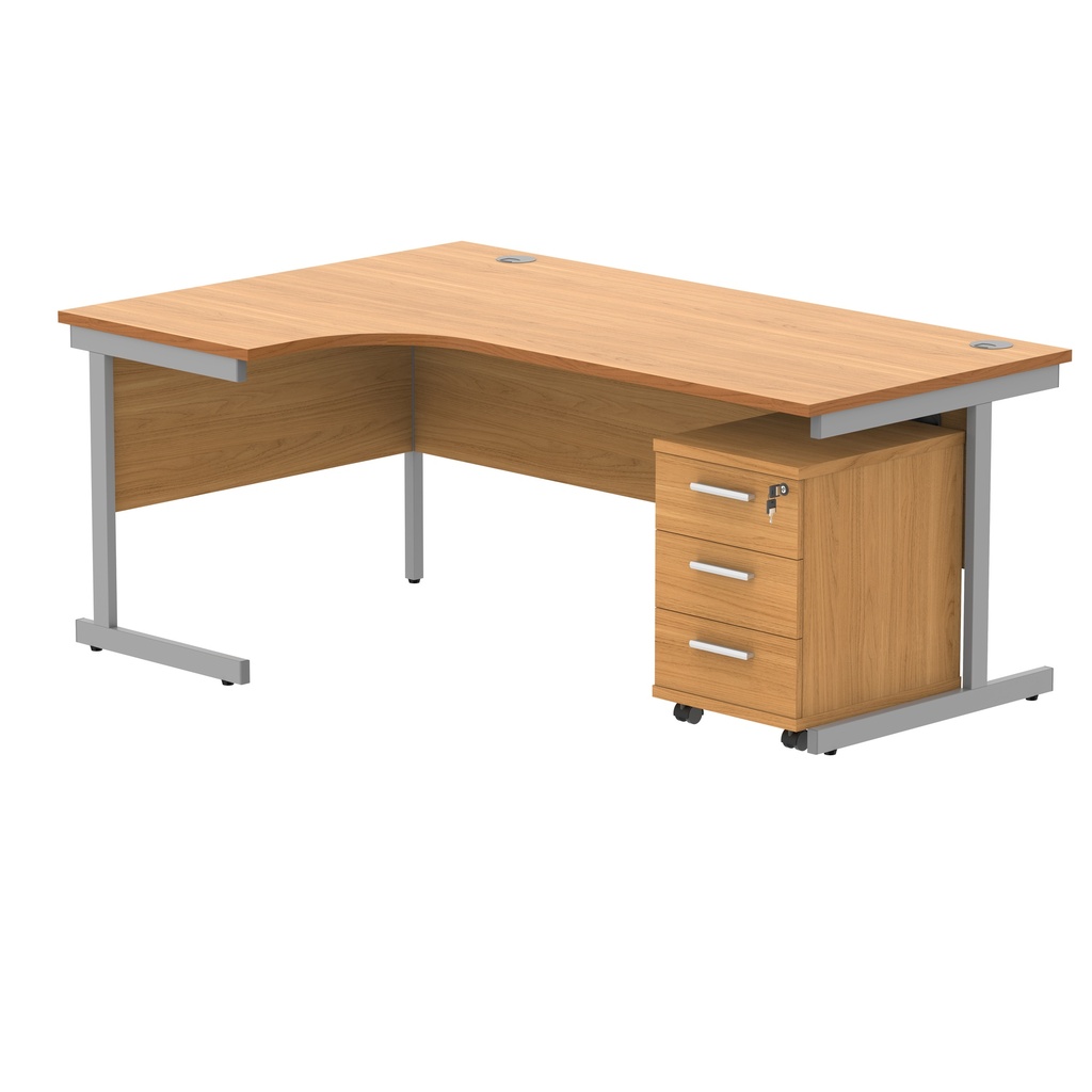 Single Upright Left Hand Radial Desk + 3 Drawer Mobile Under Desk Pedestal (FSC) | 1800 X 1200 | Norwegian Beech/Silver