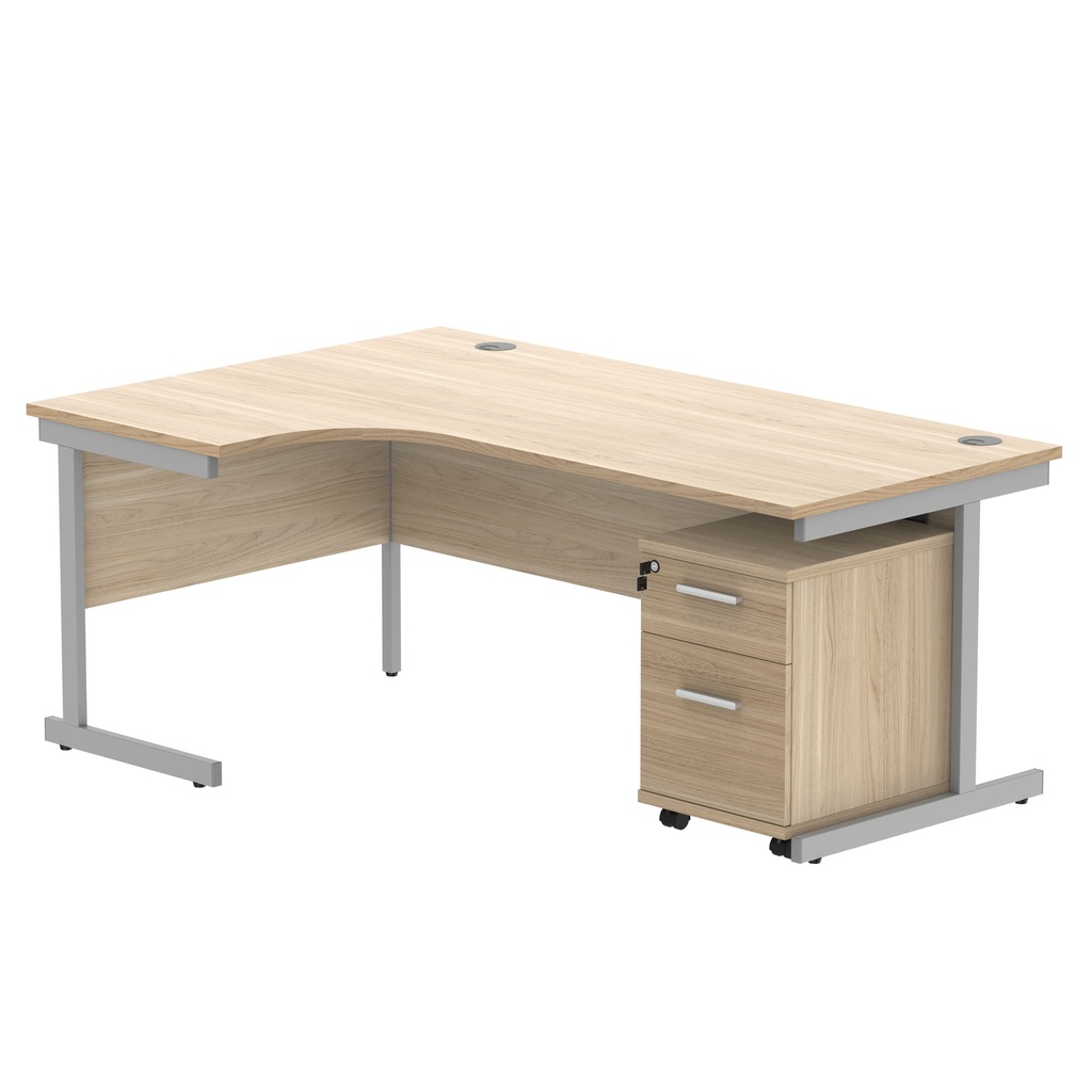 Single Upright Left Hand Radial Desk + 2 Drawer Mobile Under Desk Pedestal (FSC) | 1800 X 1200 | Canadian Oak/Silver