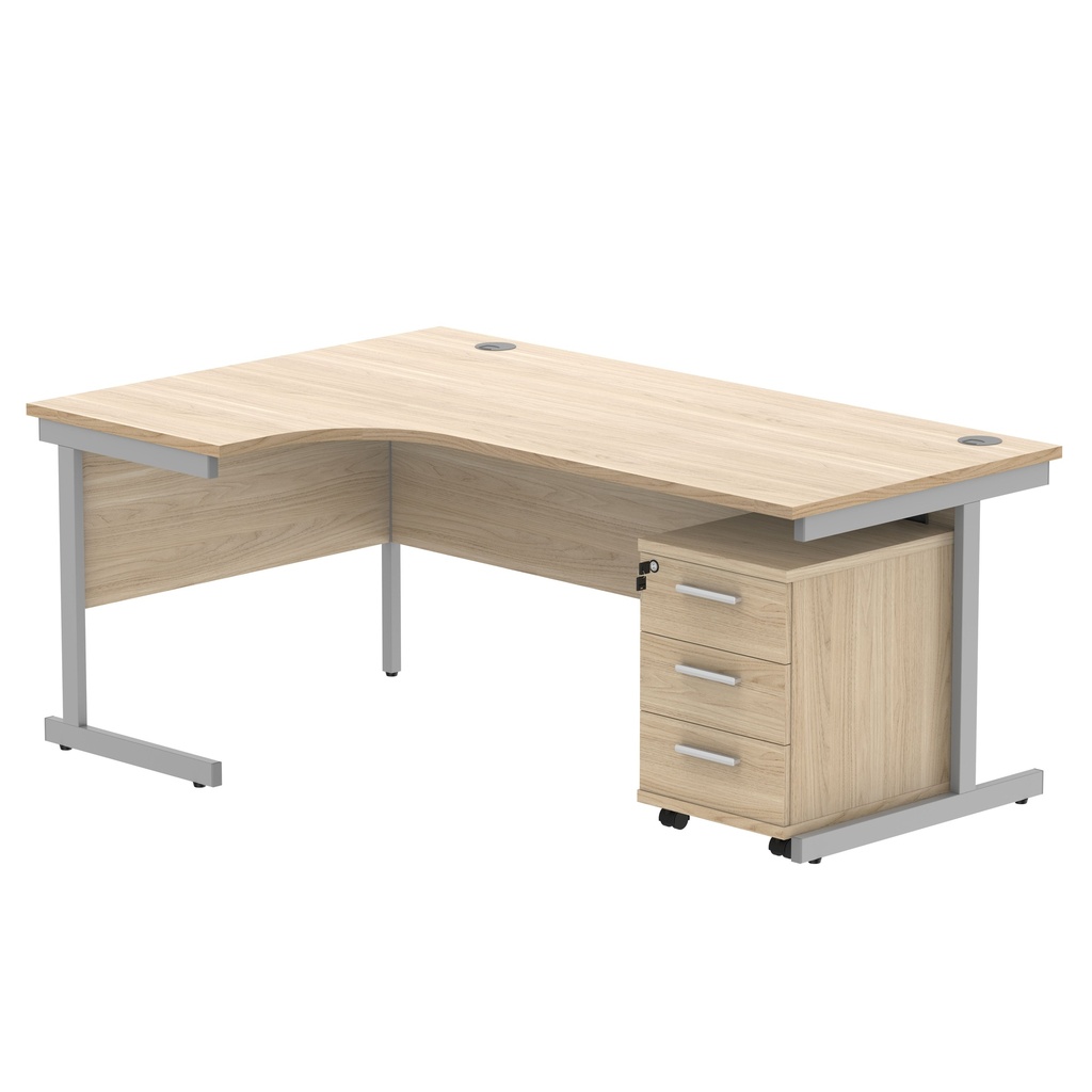 Single Upright Left Hand Radial Desk + 3 Drawer Mobile Under Desk Pedestal (FSC) | 1800 X 1200 | Canadian Oak/Silver