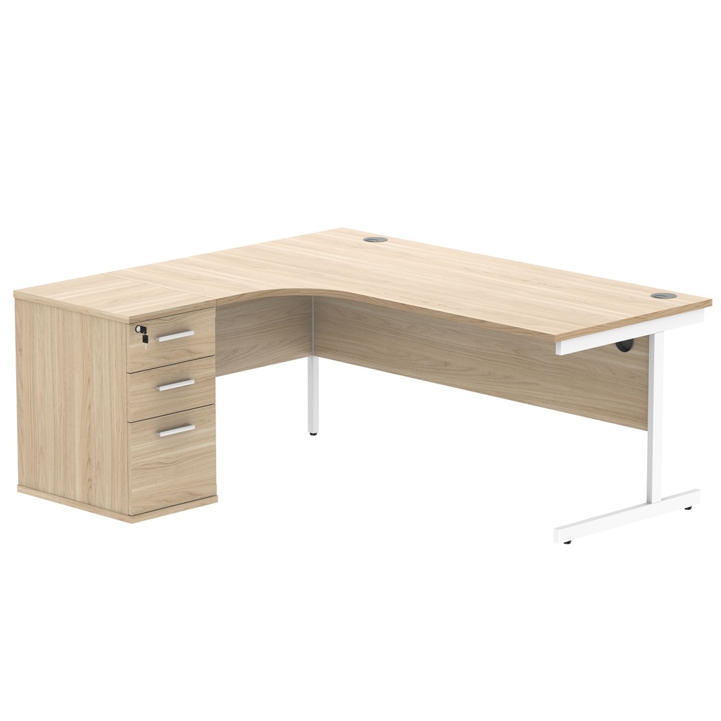 Single Upright Left Hand Radial Desk + Desk High Pedestal (FSC) | 600mm Deep Pedestal | 1800 X 1200 | Canadian Oak/White