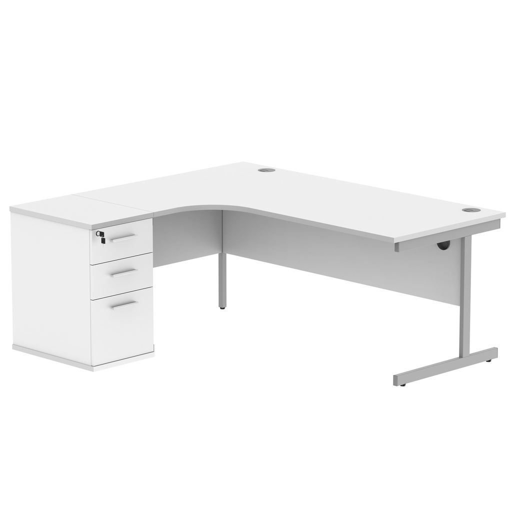 Single Upright Left Hand Radial Desk + Desk High Pedestal (FSC) | 600mm Deep Pedestal | 1800 X 1200 | Arctic White/Silver