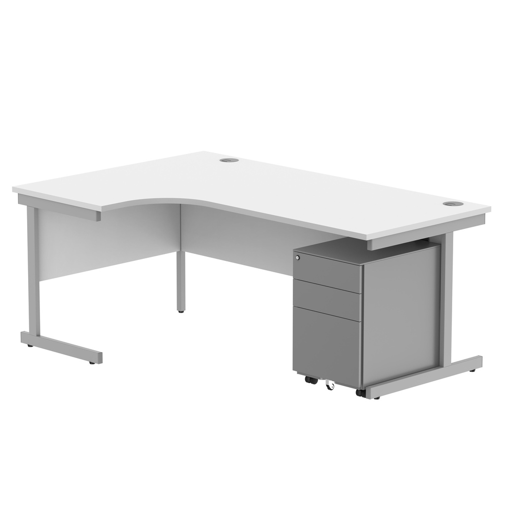 CORE Single Upright Left Hand Radial Desk + Under Desk Steel Pedestal 3 Drawers (FSC) | 1800 X 1200 | Arctic White/Silver