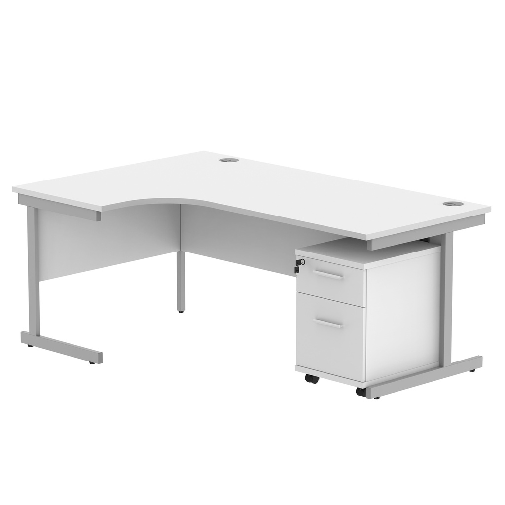 Single Upright Left Hand Radial Desk + 2 Drawer Mobile Under Desk Pedestal (FSC) | 1800 X 1200 | Arctic White/Silver