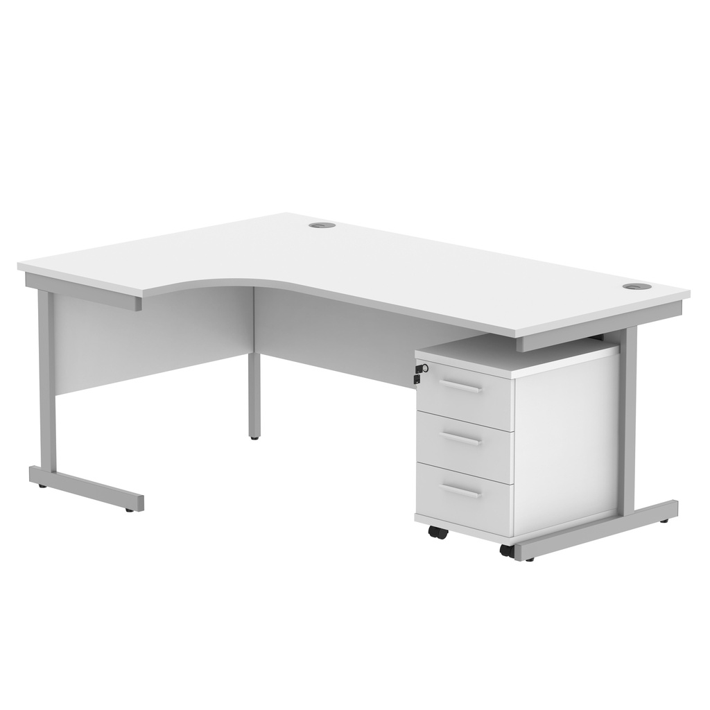 Single Upright Left Hand Radial Desk + 3 Drawer Mobile Under Desk Pedestal (FSC) | 1800 X 1200 | Arctic White/Silver