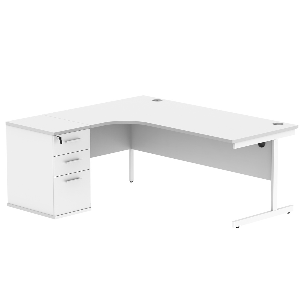 Single Upright Left Hand Radial Desk + Desk High Pedestal (FSC) | 600mm Deep Pedestal | 1800 X 1200 | Arctic White/White