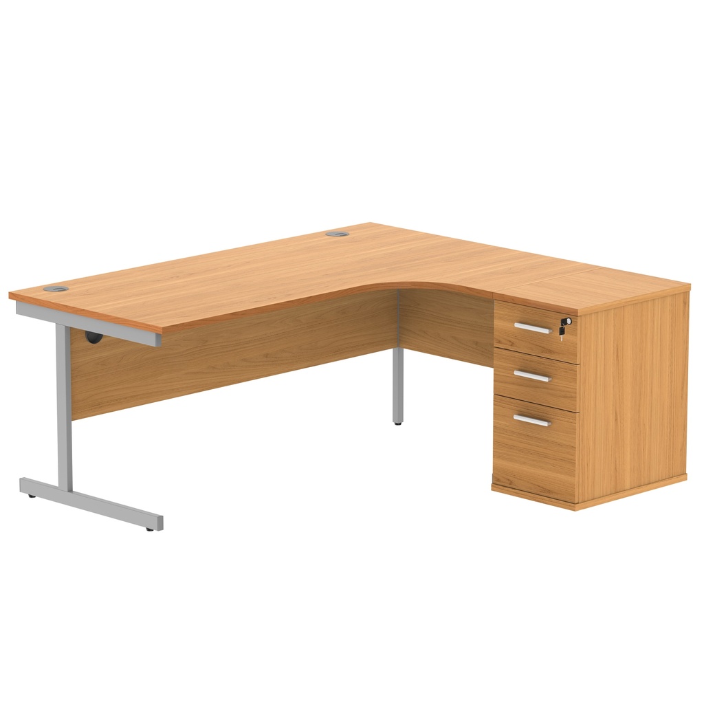 Single Upright Right Hand Radial Desk + Desk High Pedestal (FSC) | 600mm Deep Pedestal | 1800 X 1200 | Norwegian Beech/Silver