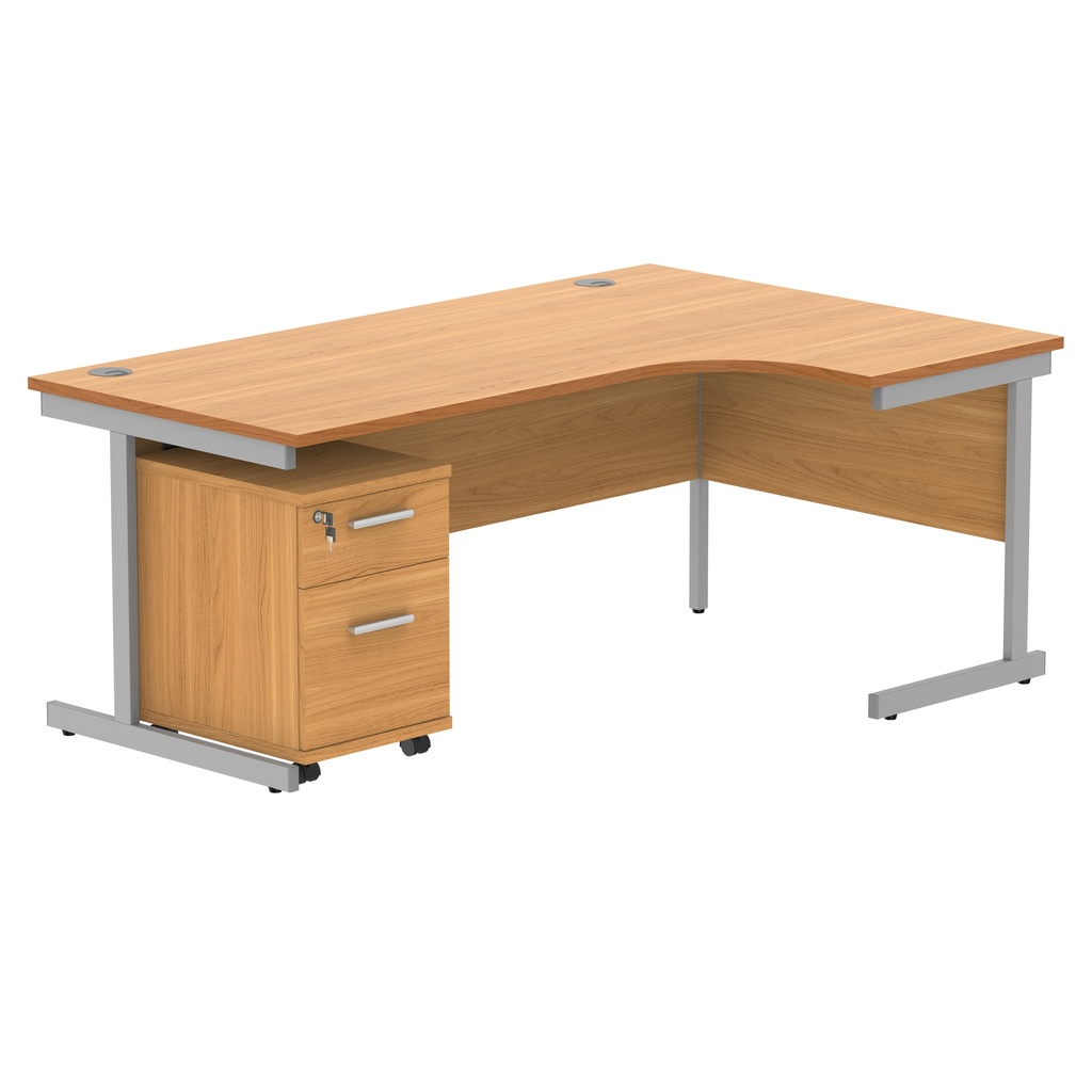 Single Upright Right Hand Radial Desk + 2 Drawer Mobile Under Desk Pedestal (FSC) | 1800 X 1200 | Norwegian Beech/Silver