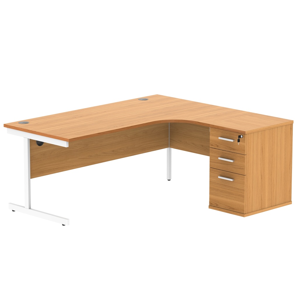 Single Upright Right Hand Radial Desk + Desk High Pedestal (FSC) | 600mm Deep Pedestal | 1800 X 1200 | Norwegian Beech/White