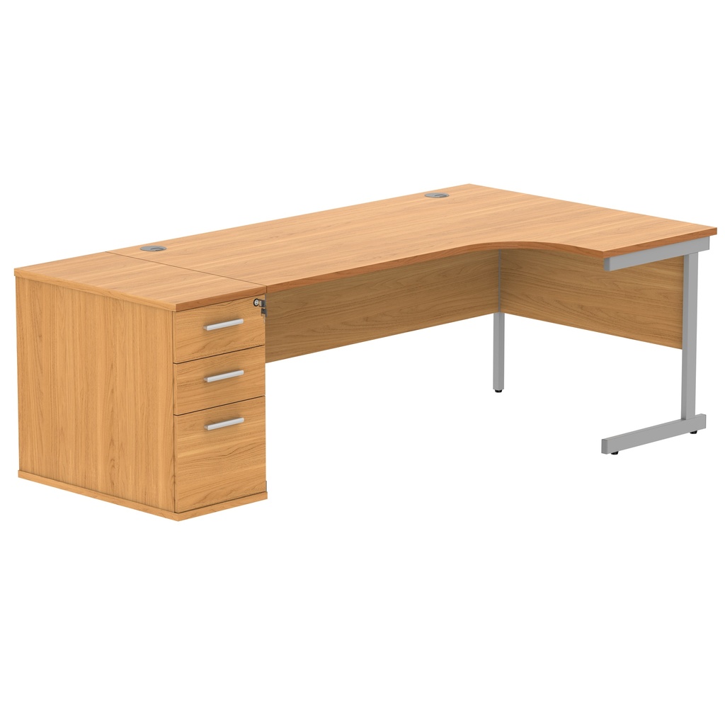 Single Upright Right Hand Radial Desk + Desk High Pedestal (FSC) | 800mm Deep Pedestal | 1800 X 1200 | Norwegian Beech/Silver