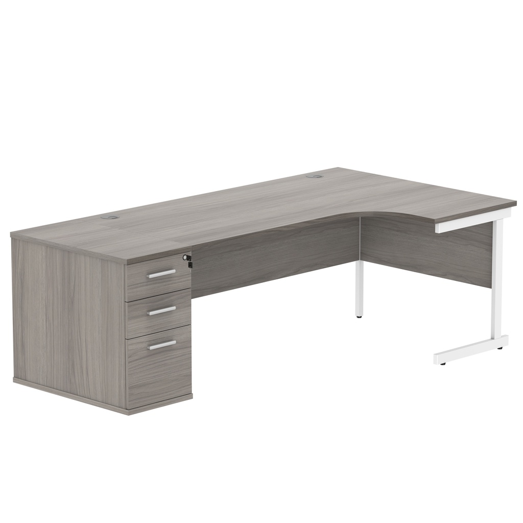 Single Upright Right Hand Radial Desk + Desk High Pedestal (FSC) | 800mm Deep Pedestal | 1800 X 1200 | Alaskan Grey Oak/White