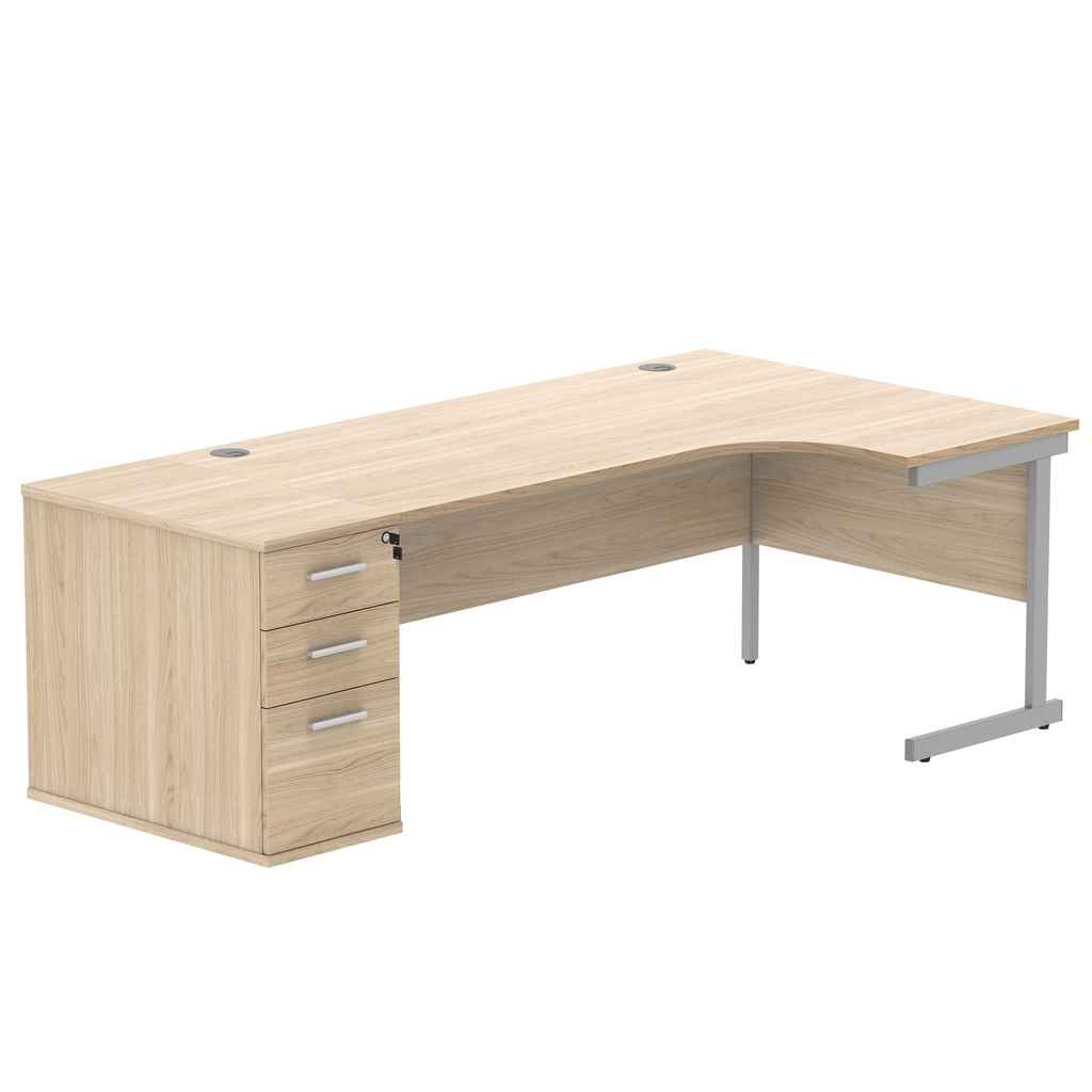 Single Upright Right Hand Radial Desk + Desk High Pedestal (FSC) | 800mm Deep Pedestal | 1800 X 1200 | Canadian Oak/Silver