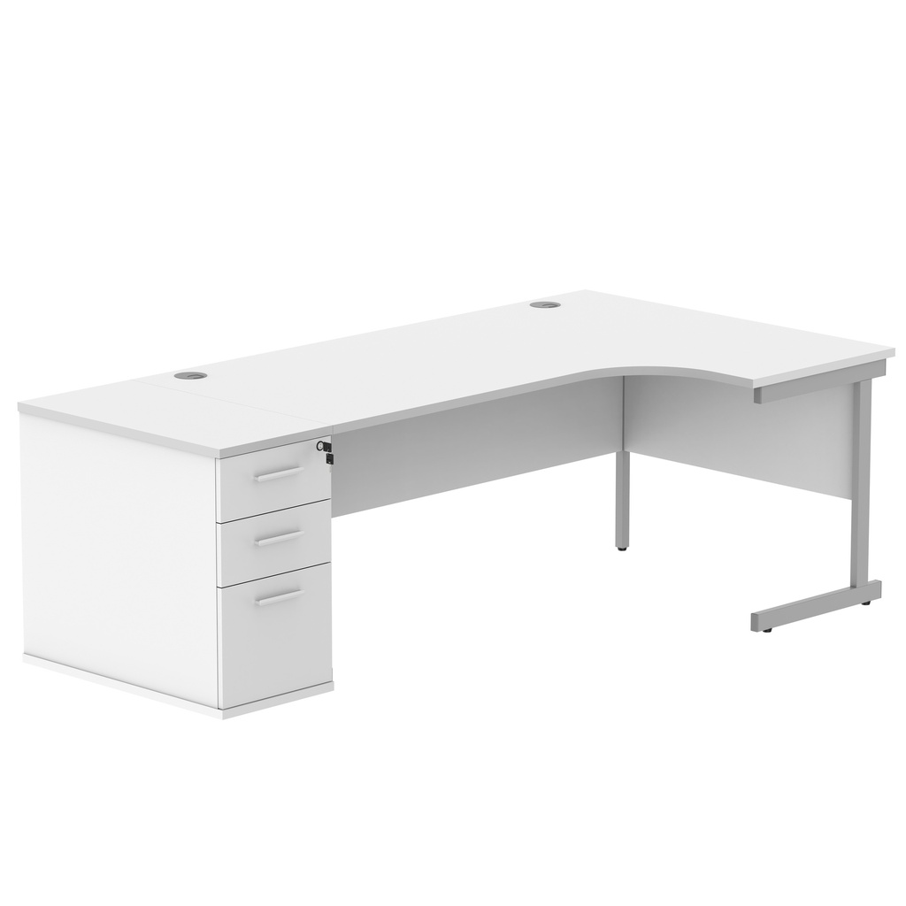 Single Upright Right Hand Radial Desk + Desk High Pedestal (FSC) | 800mm Deep Pedestal | 1800 X 1200 | Arctic White/Silver