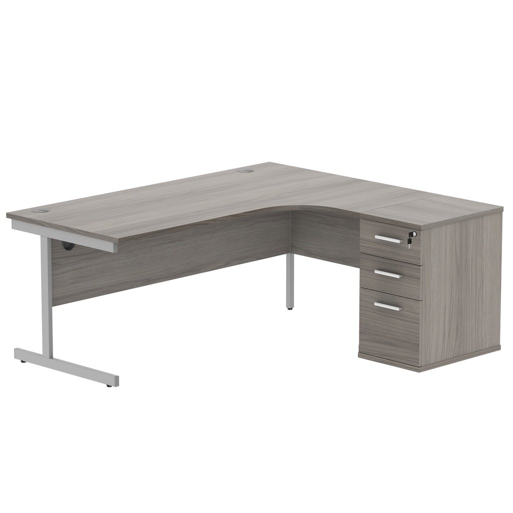 Single Upright Right Hand Radial Desk + Desk High Pedestal (FSC) | 600mm Deep Pedestal | 1800 X 1200 | Alaskan Grey Oak/Silver