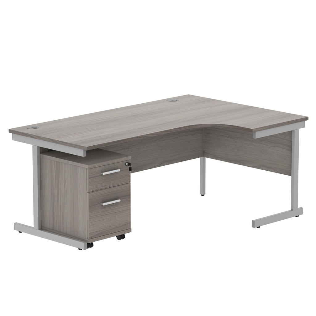 Single Upright Right Hand Radial Desk + 2 Drawer Mobile Under Desk Pedestal (FSC) | 1800 X 1200 | Alaskan Grey Oak/Silver