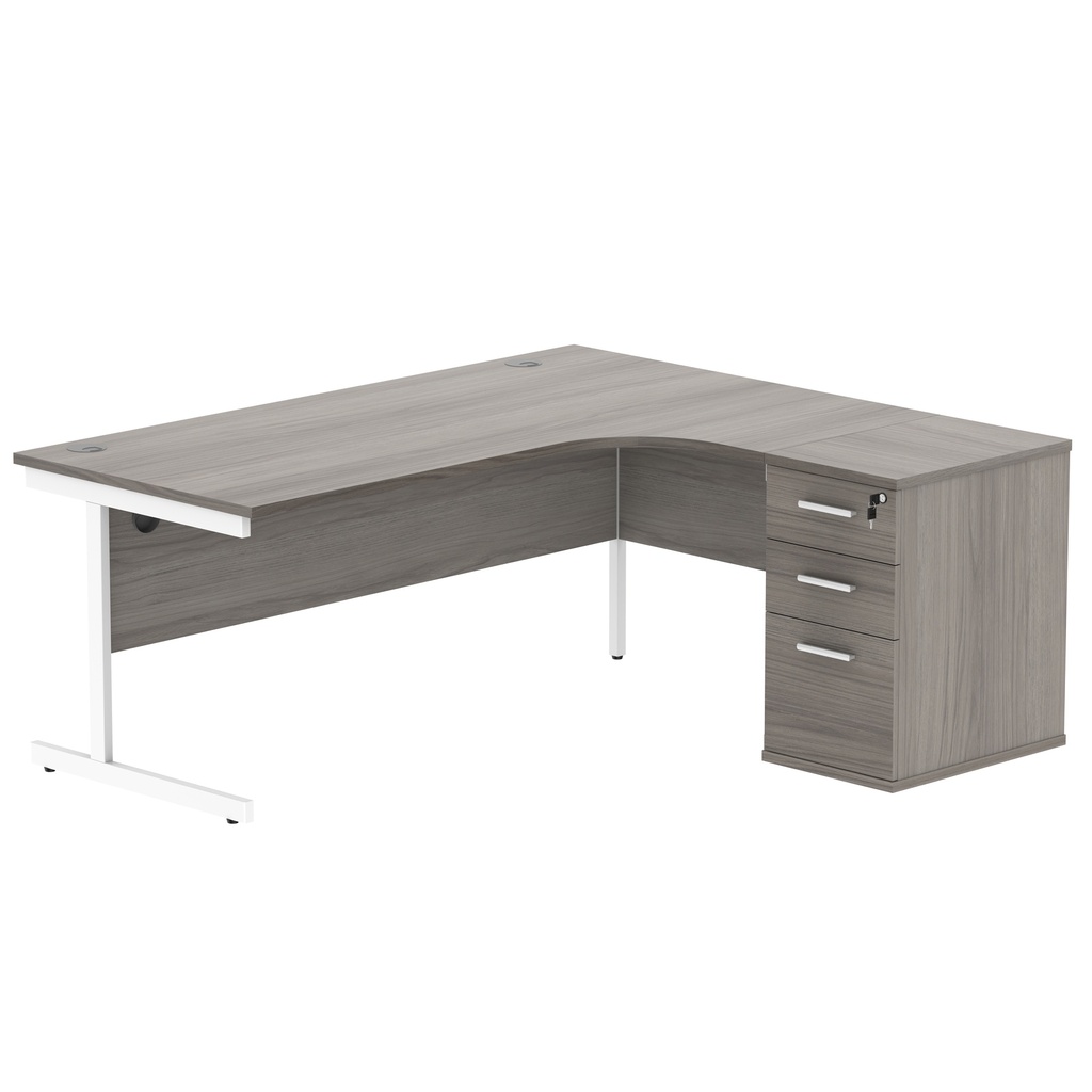 Single Upright Right Hand Radial Desk + Desk High Pedestal (FSC) | 600mm Deep Pedestal | 1800 X 1200 | Alaskan Grey Oak/White
