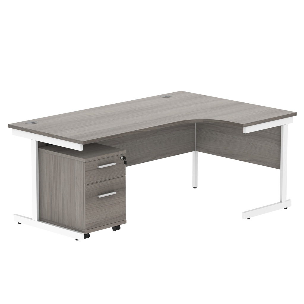 Single Upright Right Hand Radial Desk + 2 Drawer Mobile Under Desk Pedestal (FSC) | 1800 X 1200 | Alaskan Grey Oak/White