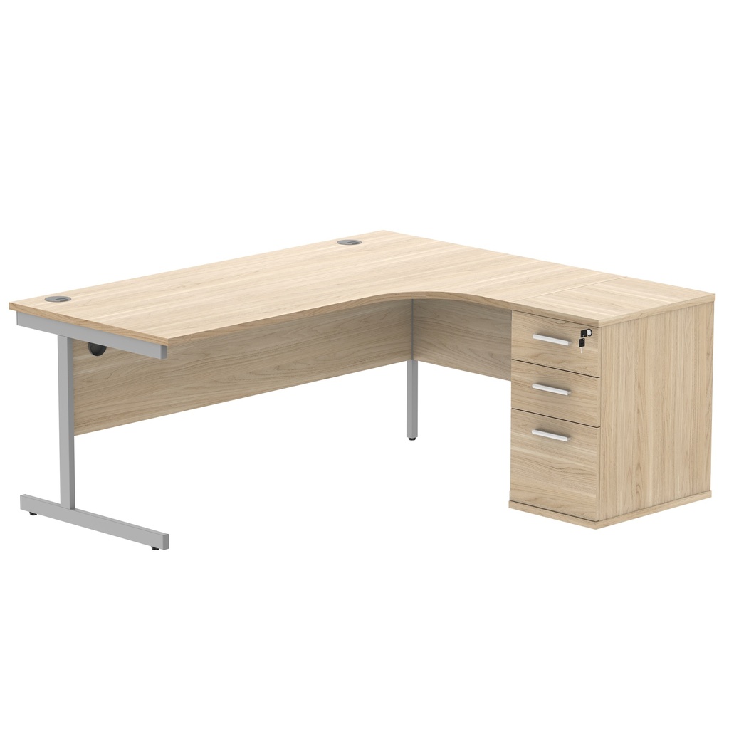 Single Upright Right Hand Radial Desk + Desk High Pedestal (FSC) | 600mm Deep Pedestal | 1800 X 1200 | Canadian Oak/Silver