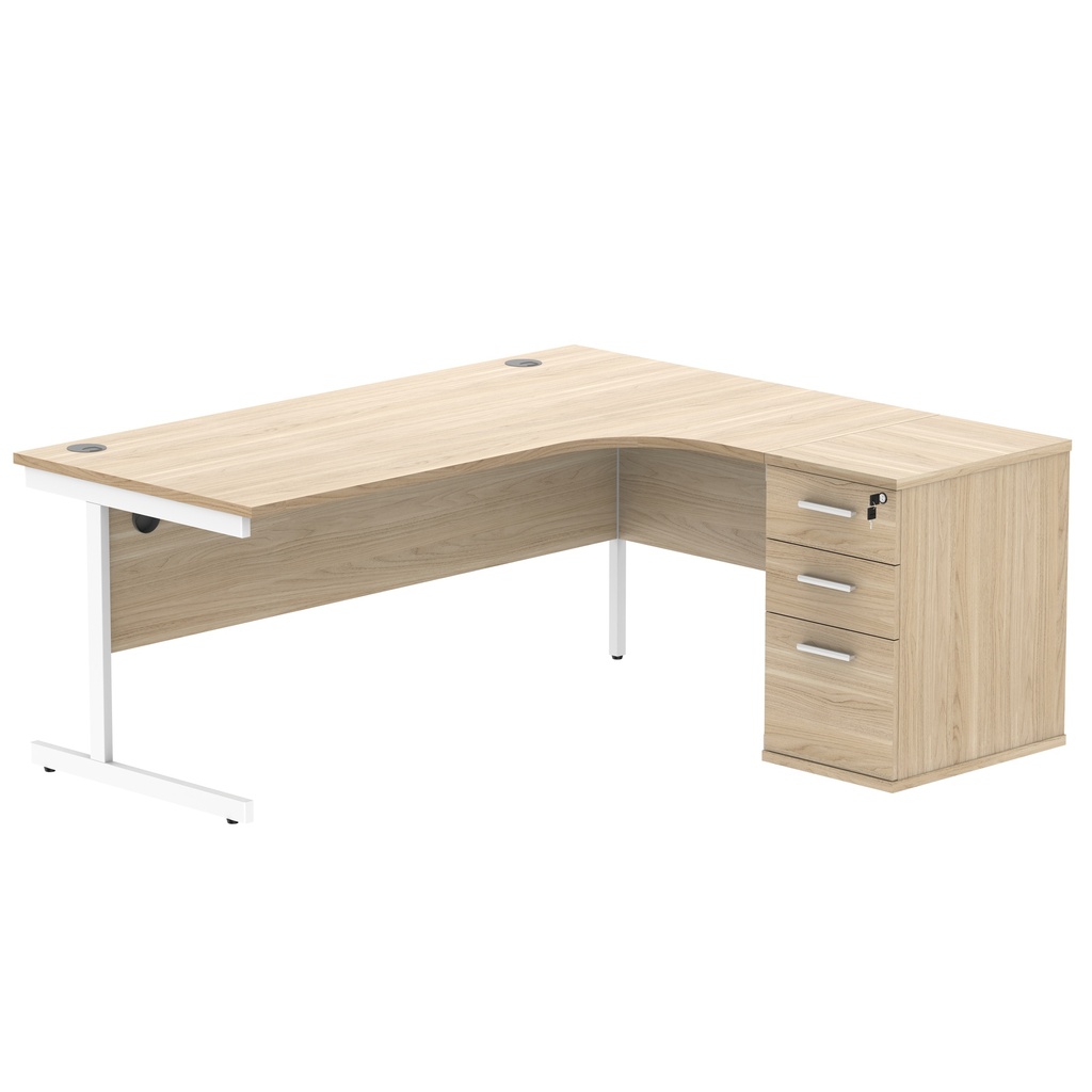 Single Upright Right Hand Radial Desk + Desk High Pedestal (FSC) | 600mm Deep Pedestal | 1800 X 1200 | Canadian Oak/White