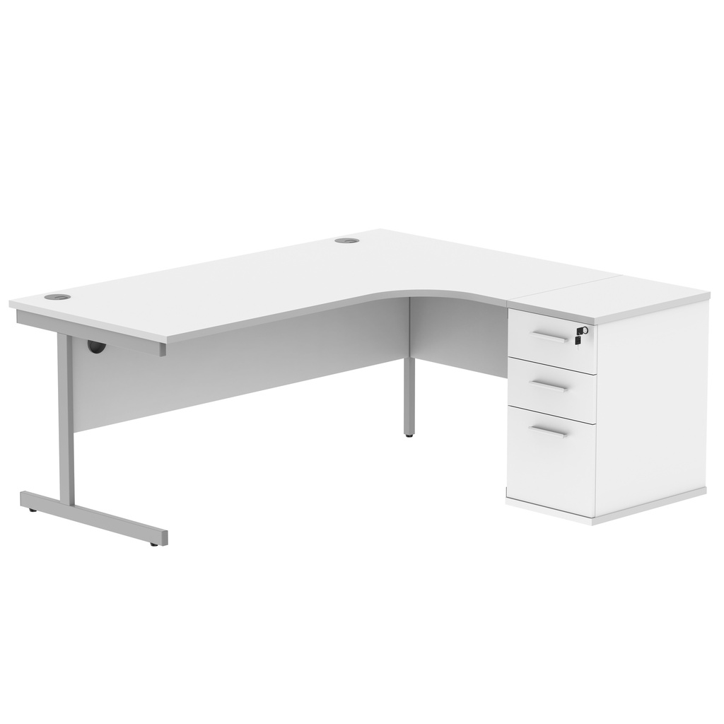 Single Upright Right Hand Radial Desk + Desk High Pedestal (FSC) | 600mm Deep Pedestal | 1800 X 1200 | Arctic White/Silver