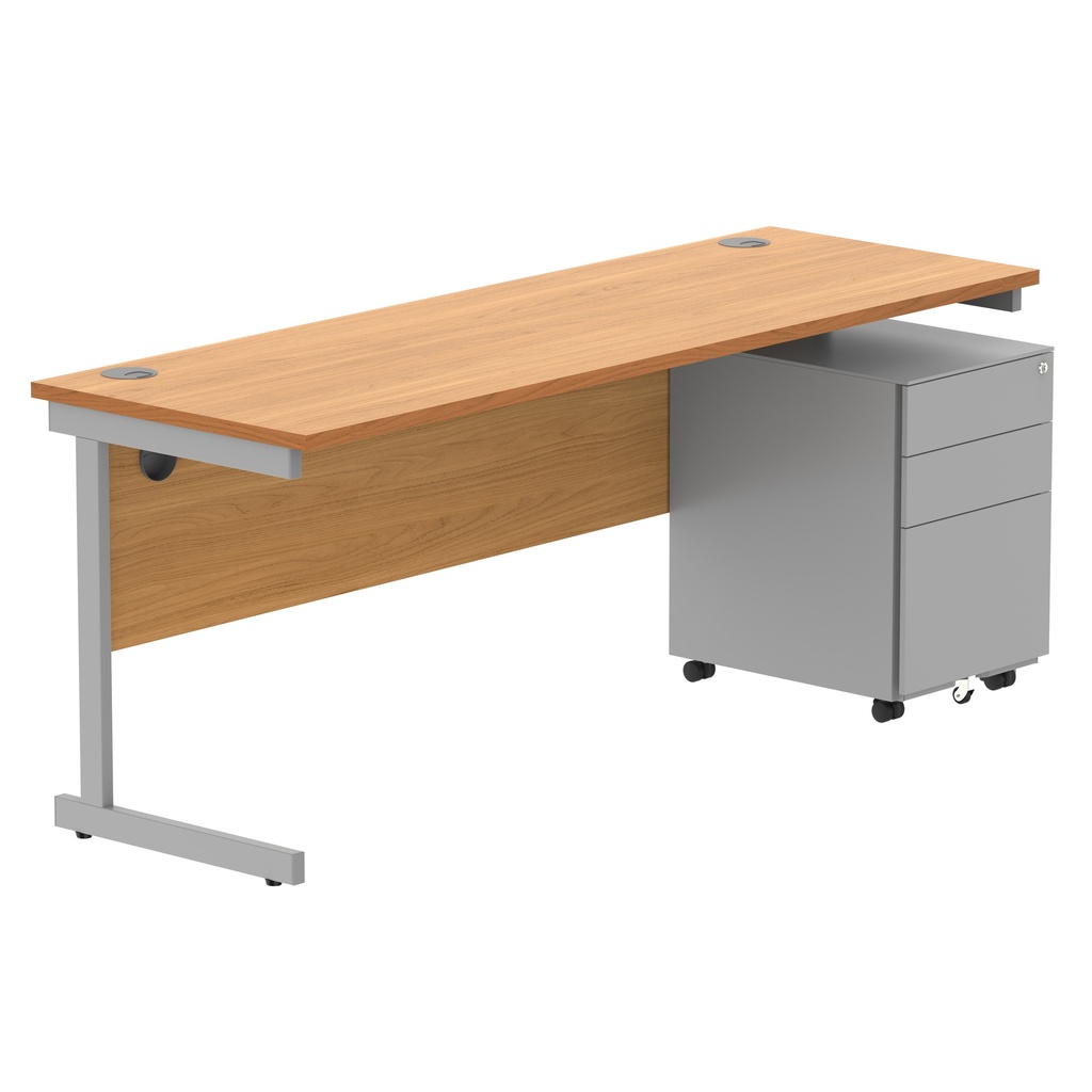 CORE Single Upright Rectangular Desk + Under Desk Steel Pedestal 3 Drawers (FSC) | 1800 X 600 | Norwegian Beech/Silver