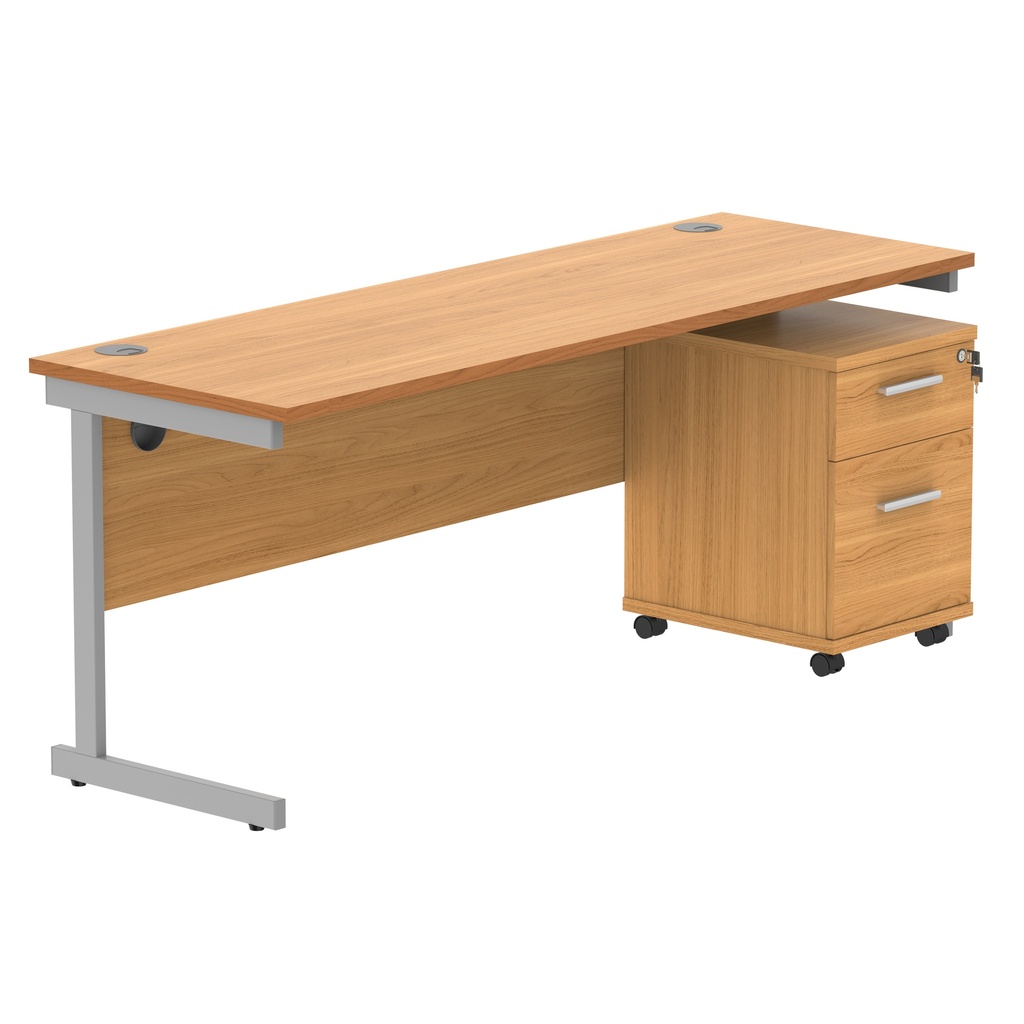Single Upright Rectangular Desk + 2 Drawer Mobile Under Desk Pedestal (FSC) | 1800 X 600 | Norwegian Beech/Silver