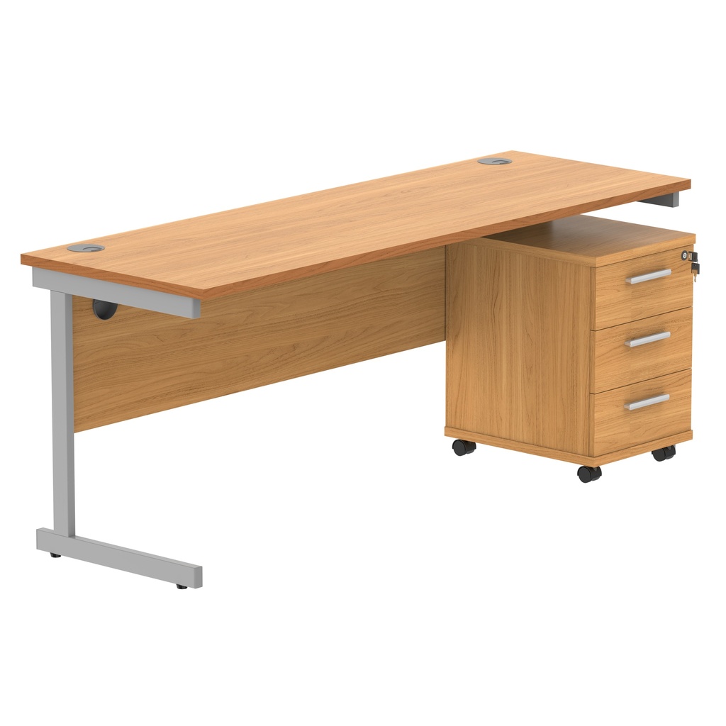 Single Upright Rectangular Desk + 3 Drawer Mobile Under Desk Pedestal (FSC) | 1800 X 600 | Norwegian Beech/Silver